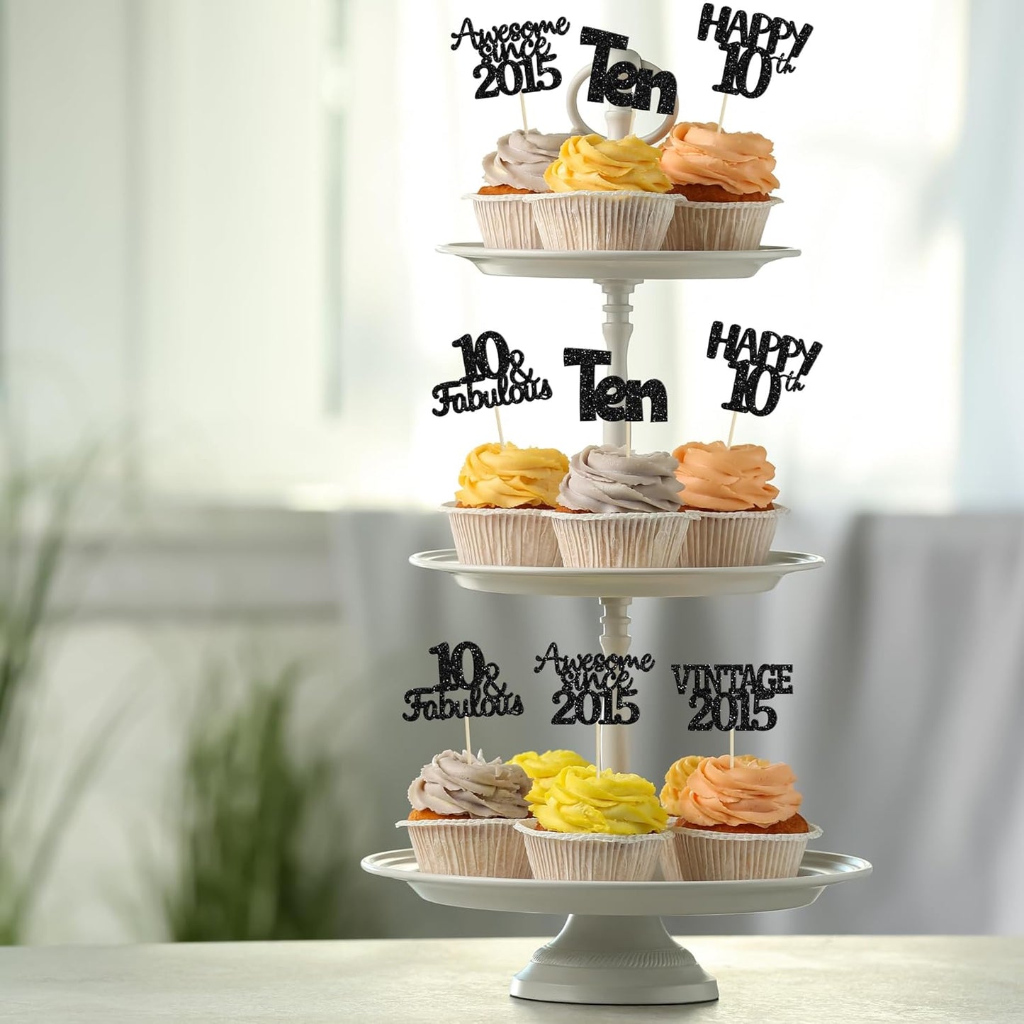 Gyufise 30Pcs Vintage 2015 Cupcake Toppers Glitter Ten Happy 10th Cupcake Picks Cheers to 10 Years Birthday Cake Decorations for Happy 10th Birthday Anniversary Party Supplies Black