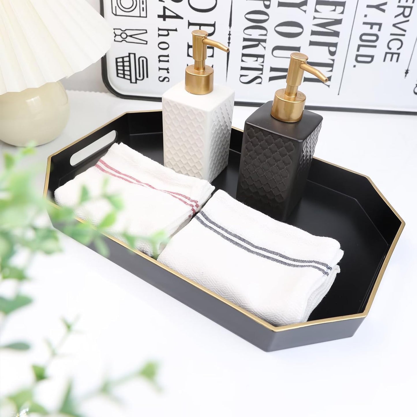 Black Decorative Tray with Handles, Octagon Versatile Serving Tray for Coffee Table, Ottoman, Ideal for Serving, Displaying, Organizing