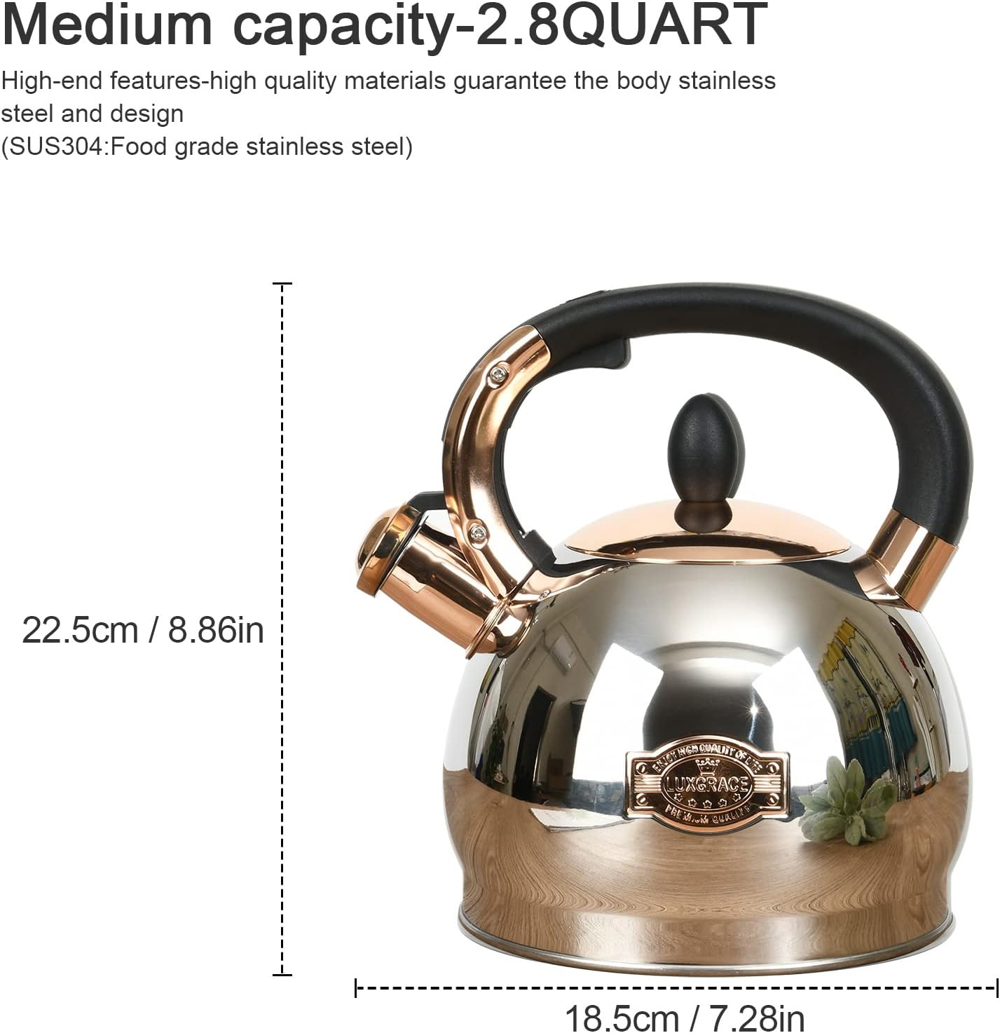 Stainless Steel Whistling Tea Kettle with Metal Capsulated Bottom for Quick Heat Distribution 2.8 Quart