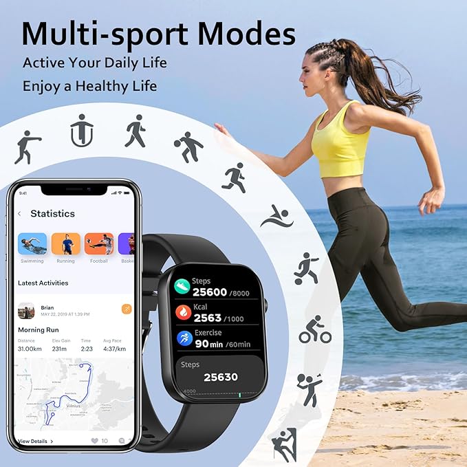 Smart Watch(Answer/Make Call), 1.96" Smart Watch for Men Women IP68 Waterproof, Smartwatch for Android iOS with 100+ Sport Modes, Fitness Tracker, Heart Rate Sleep Monitor, AI Voice