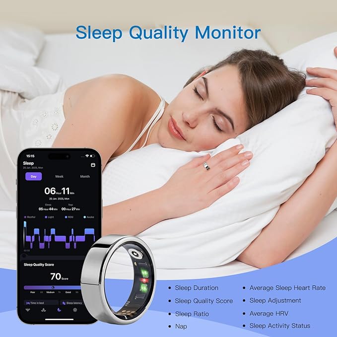 Smart Ring, Health Tracker for Monitor Health, Sleep Tracking Wearable and Heart Rate Fitness Blood Oxygen, IP68 Waterproof, Compatible with iOS and Android