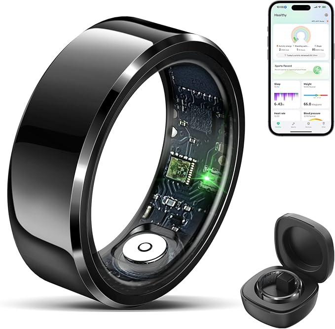 Smart Ring Health Tracker for Men Women, Waterproof Fitness Ring, Bluetooth Connected Health Ring, Activity Tracker Records Steps Distance Calories, Compatible with Android & iOS