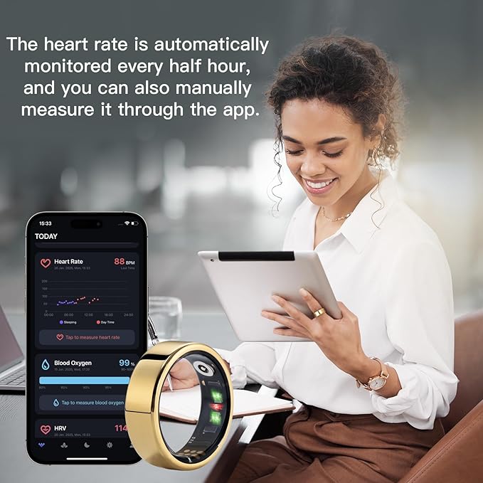 Smart Ring, Health Tracker for Monitor Health, Sleep Tracking Wearable and Heart Rate Fitness Blood Oxygen, IP68 Waterproof, Compatible with iOS and Android
