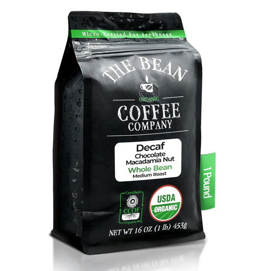 The Bean Organic Coffee Company Water Processed DECAF Chocolate Macadamia Nut, Medium Roast, Whole Bean Coffee, 16-Ounce Bag