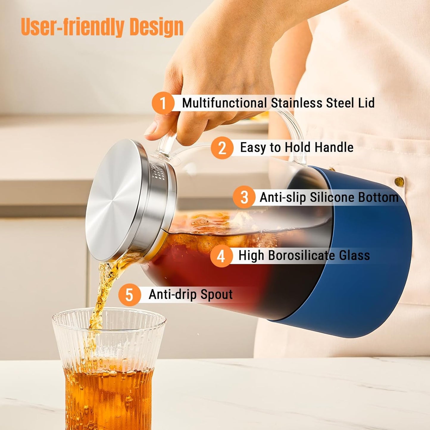 PARACITY Water Pitcher with Silicone Base 61oz/ 1.8L, Hot& Cold Glass Pitcher with Lid and Handle, Glass Carafe with Lid for Coffee, Juice, Lemonade and Milk (Blue base)