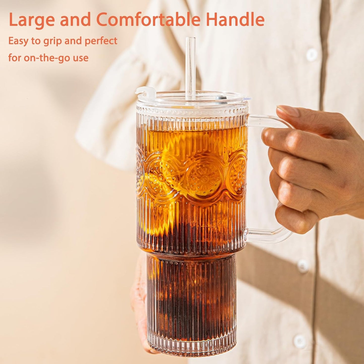 26oz Ribbed & Floral Glass Tumbler with Handle – Smoothie Cup with Lid & Straw – Reusable Iced Coffee Tumbler for Hot & Cold Drinks – Perfect for Smoothies, Matcha,Whiskey (Set of 1)
