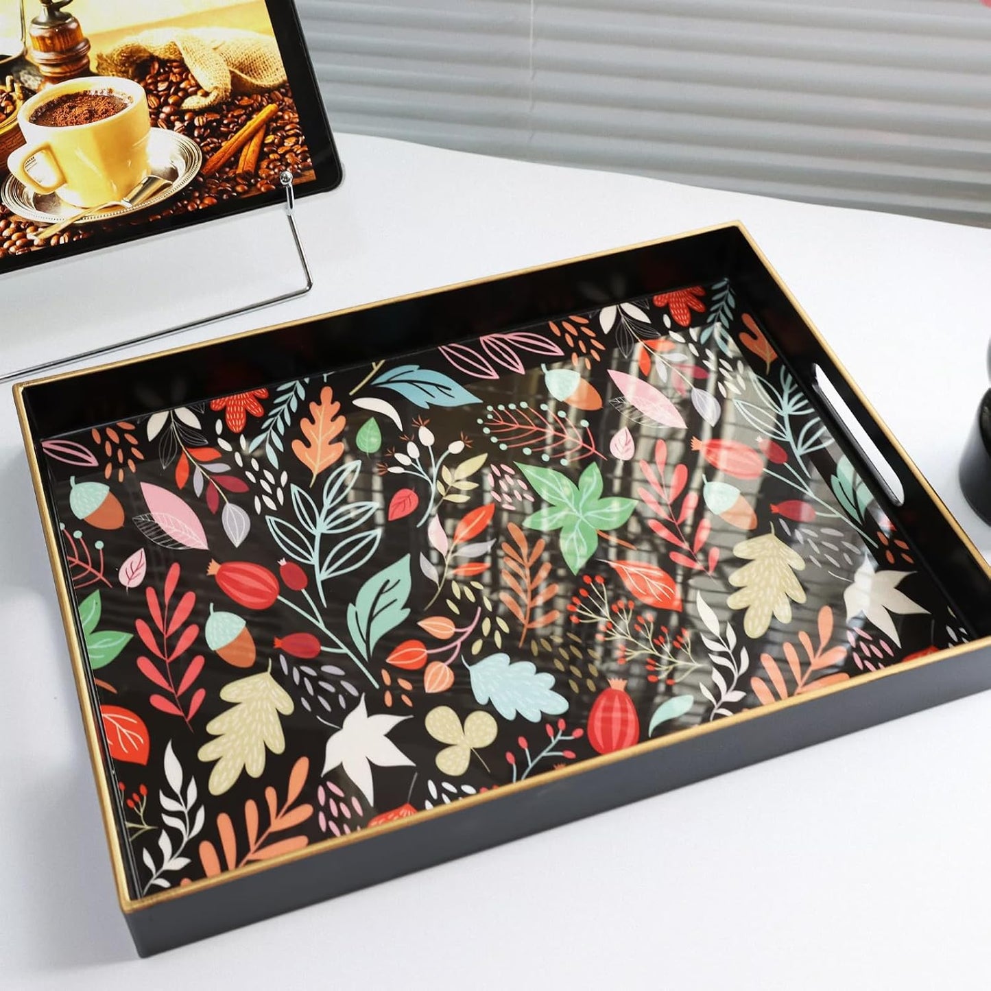 Rectangle Serving Tray with Handles, Coffee Table Tray for Ottoman, Organizer Vanity Tray for Living Room, Outdoor Tray for Patio Entertaining, Serving Breakfast Kitchen Platter LEE3040BH