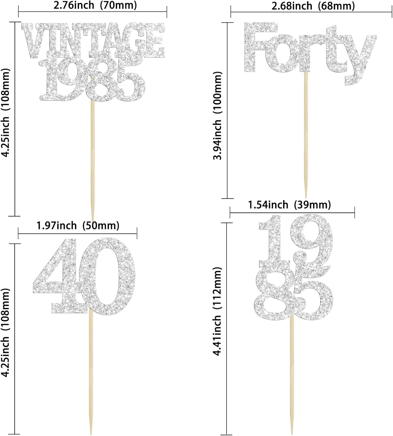 Gyufise 24Pcs Happy 40th Birthday Cupcake Toppers Glitter Forty 40 Fabulous Vintage 1985 Cake Toppers for 40th Birthday Wedding Anniversary Party Cake Decorations Supplies Silver