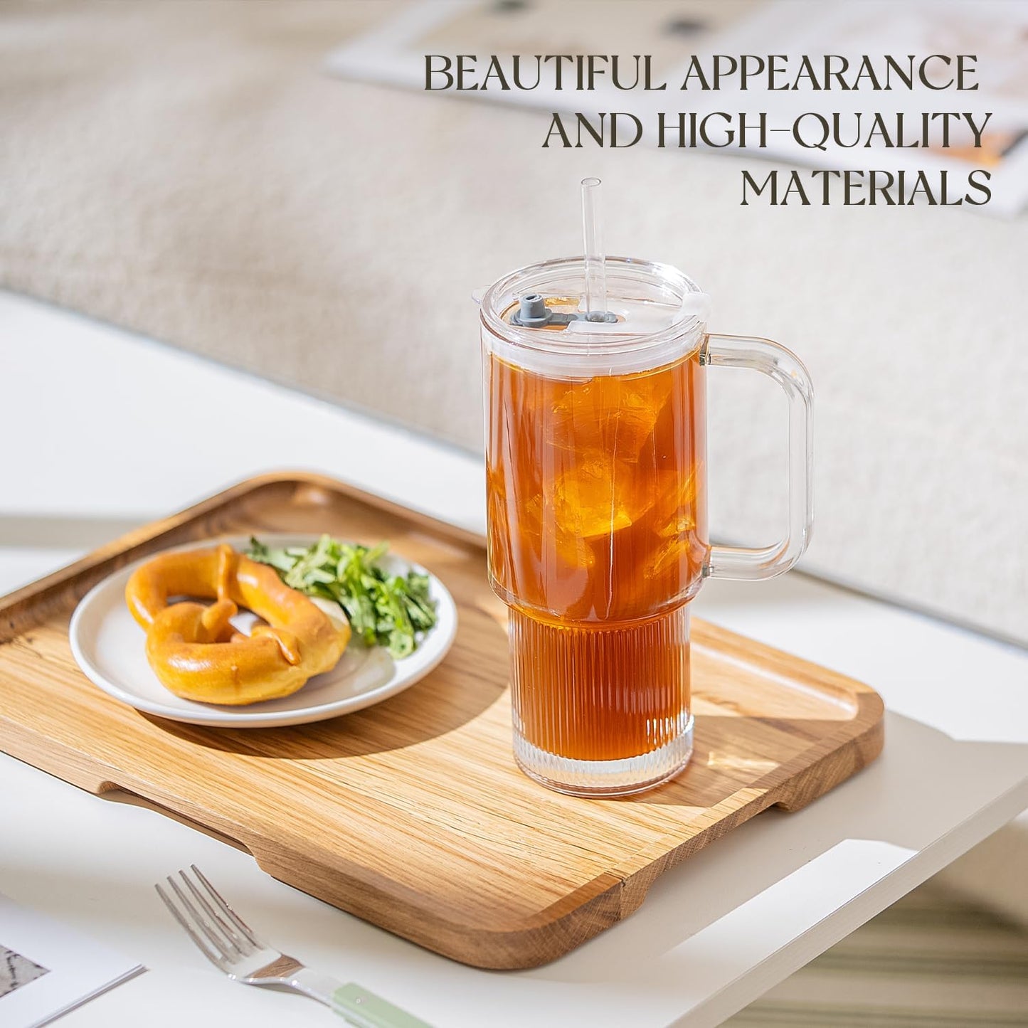 KEMORELA 26oz Ribbed Glass Mug with Handle and Lid – Large Clear Tumbler for Iced Coffee, Tea, Smoothies & Hot Drinks, Reusable Glass Cup with Straw, Dishwasher Safe, Travel Friendly