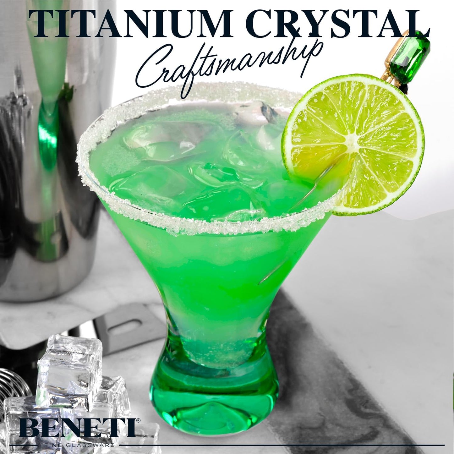 BENETI European Made Colored Martini Glasses Set of 6 Stemless Cocktail Glasses - 8 Oz, Dishwasher Safe, Crystal Glass Cups for Partys