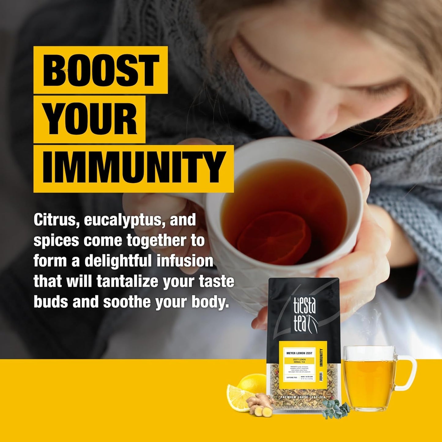 Tiesta Tea - Meyer Lemon Zest, Loose Leaf, Zesty Lemon Herbal Tea, Premium Caffeine Free Blend, Make Hot or Iced & Brews Up to 200 Cups, 16 oz Resealable Bulk Pouch