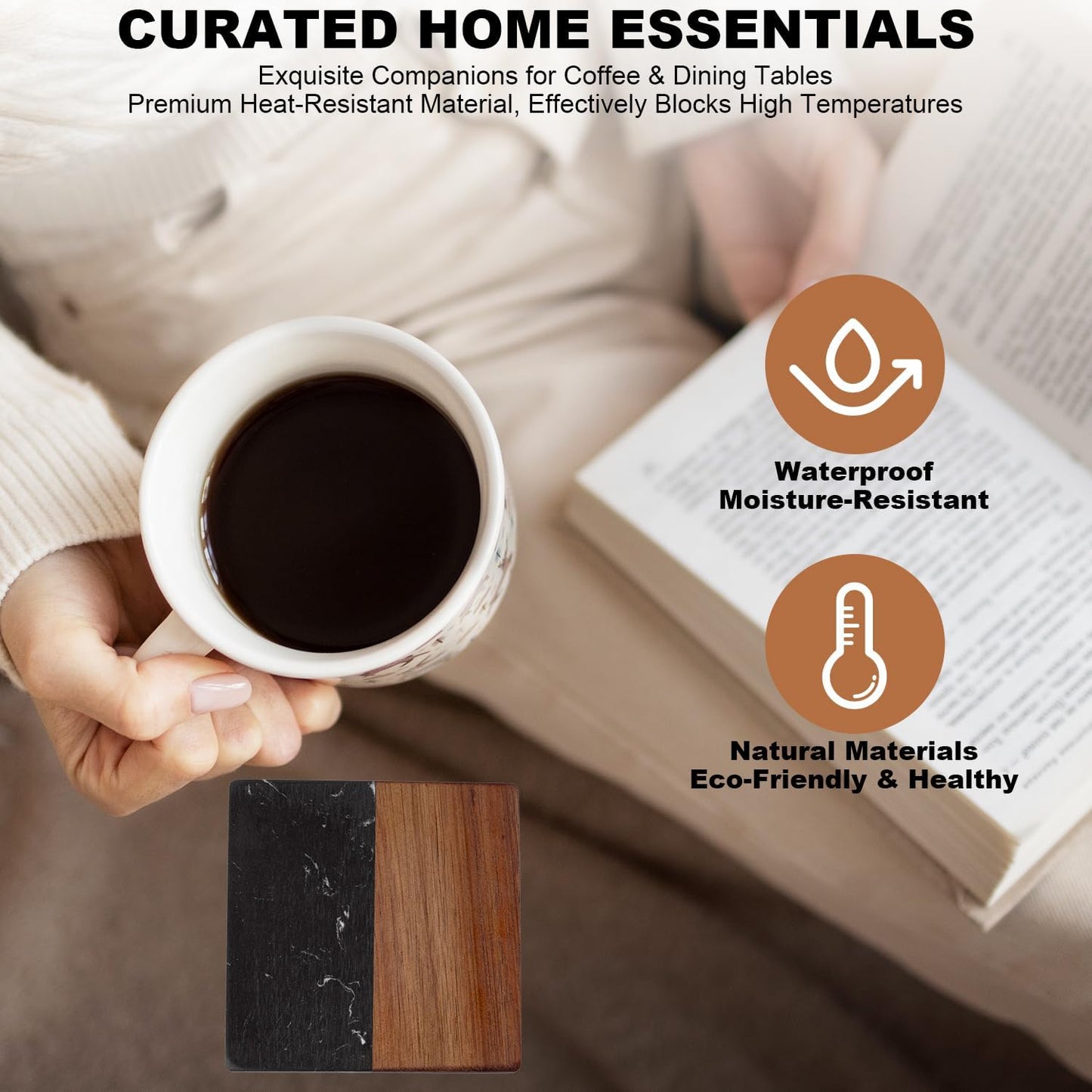 Marble Coasters: 4-Piece Set of Acacia Wood Marble Coasters, Suitable for Kitchens, Offices, and can be Used as Gifts (Black Square)