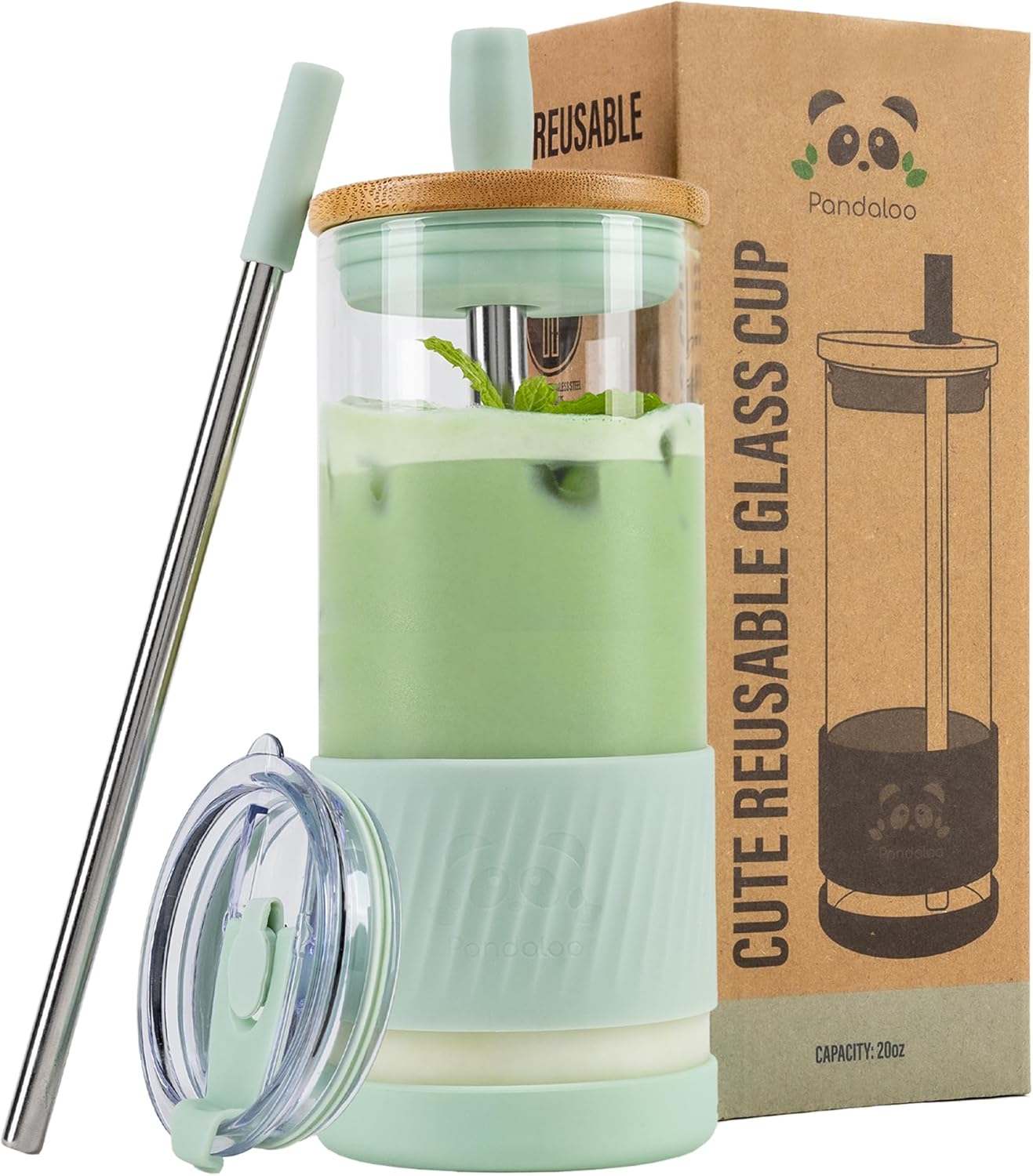 Pandaloo® Glass Cups With Lids and Straws -20 Fl Oz- Perfect Size Iced Coffee Cup - Smoothie Cup With Bamboo Lid and On the go Lid (Sweet Sage, 1 Count (Pack of 1)