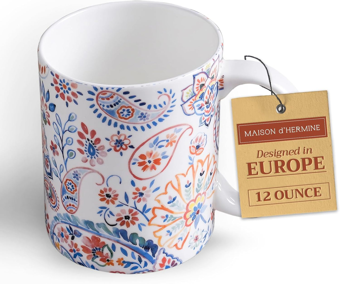 Maison d' Hermine Coffee Mug with Handles Fine Bone China Mugs Pack of One Tea Cups for Hot Beverages Cappuccino Latte Home Restaurant Office Perfect for Gift (Indian Floral - Paisley, 12 Ounce)
