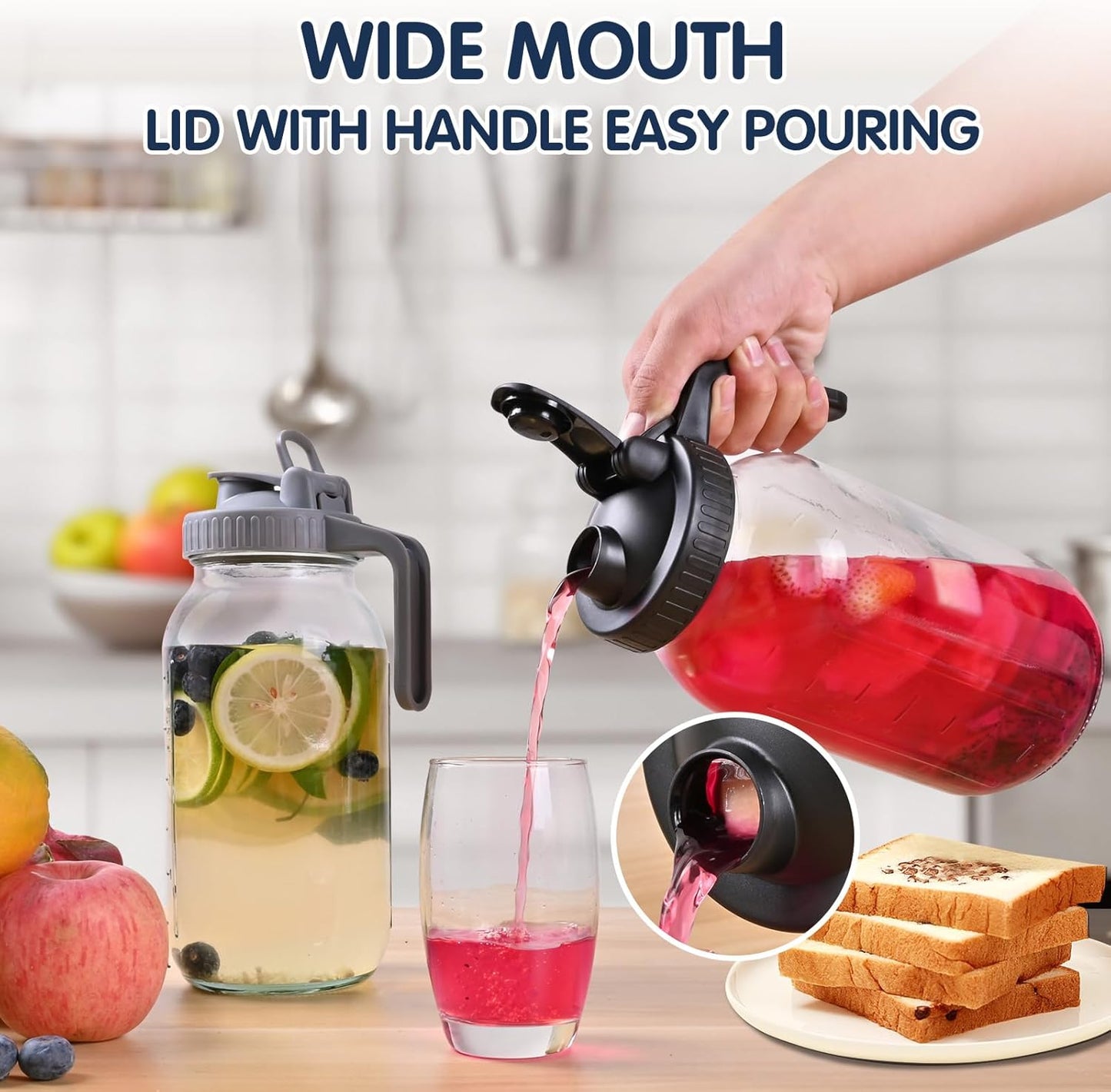 3 Packs 64OZ Glass Pitcher with Lid, Wide Mouth Mason Jar Water Jug, Leak-Proof Airtight Mason Jar for Cold Brew Coffee, Iced tea, Milk, Food Storage, Sun Tea