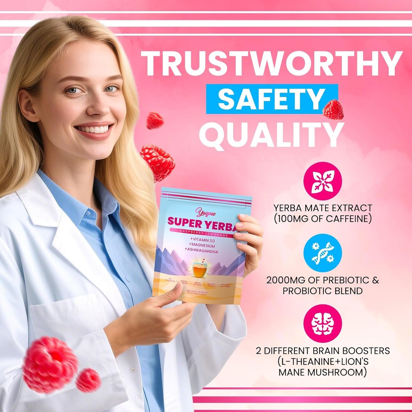 30 Servings Super Yerba Packets，Yerba Mate Instant Tea Powder，Super Yerba Raspberry Lemonade Flavor，Energy Boost,Mental Clarity and Gut Health by Ashwagandha, Prebiotics and Probiotics (2)