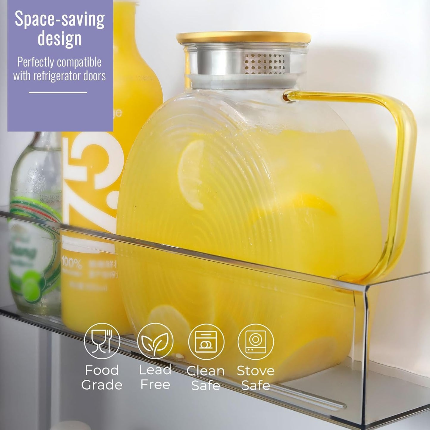 Glass Pitcher With Lid, 2 Liter 68 oz Glass Water Pitchers With handle and lid, 0.528 Gallon Tea Pitcher For Fridge, Carafe Jug Jar For Hot/Cold Water Iced Tea Juice Coffee Milk Beverage