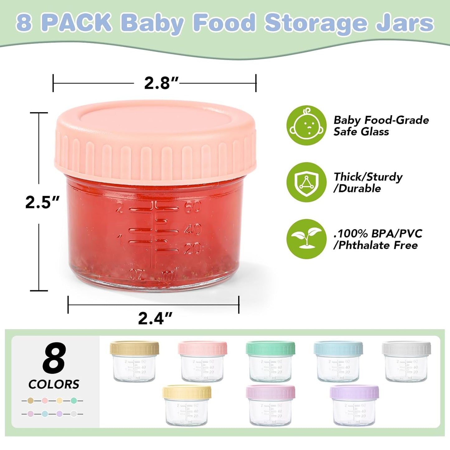 8 Pack Glass Baby Food Storage Containers, 4 oz Leakproof Baby Food Jars with Lids, Small Glass Food Containers for Infant Baby, Freezer Safe