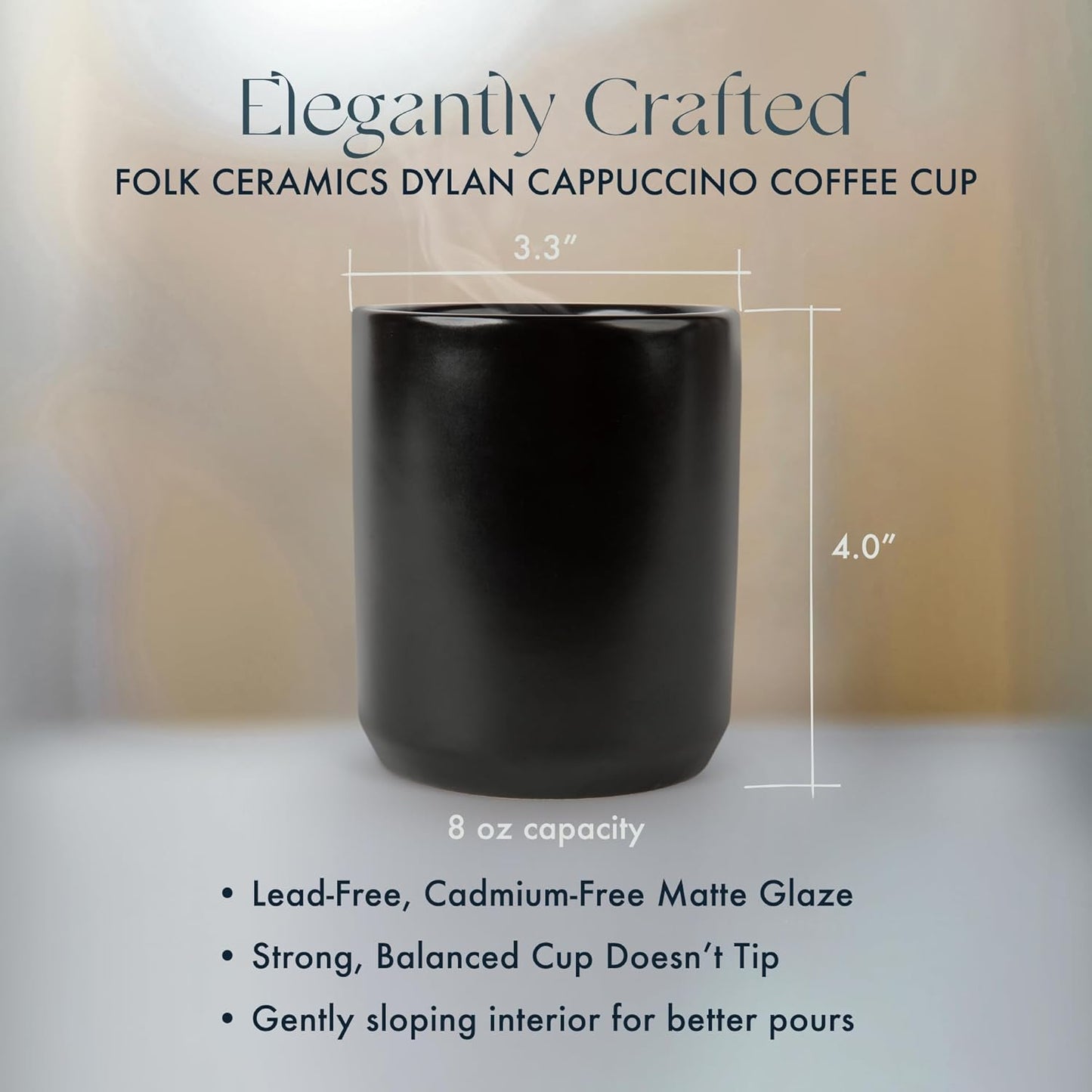 Folk Ceramics Dylan Ceramic Cappuccino Cups Set | Double Walled Ceramic Coffee Mug Set | Compact & Heat Insulated Cappuccino, Tea, Coffee & Latte Cup | 8oz, Set of 2 | Matte Black