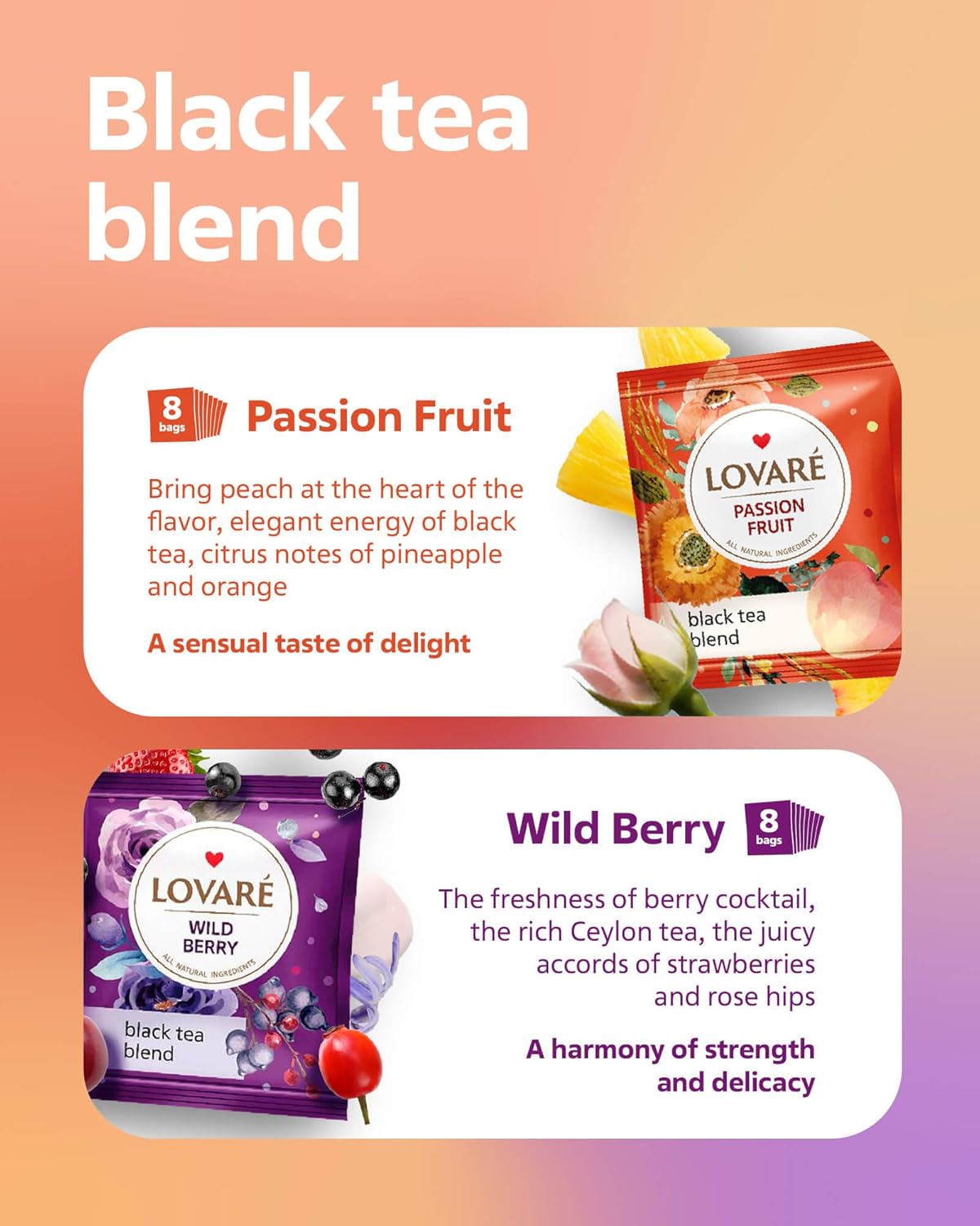 LOVARE Tea Bags, 32 Count - Assorted Black Tea Variety Pack - 1001 Night, Passion Fruit, Champagne Splashes, Wild Berry - Made in Ukraine - Gluten Free