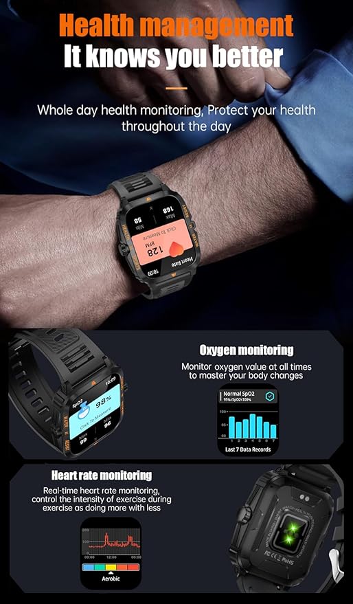 Smart Watch for Men, Outdoor 3ATM Waterproof, BT Make/Answer Call Function, 2" HD Large Screen Smartwatch for iPhone Android Phones, 100+ Sport Modes Fitness Tracker Heart Rate Sleep Monitor, Black