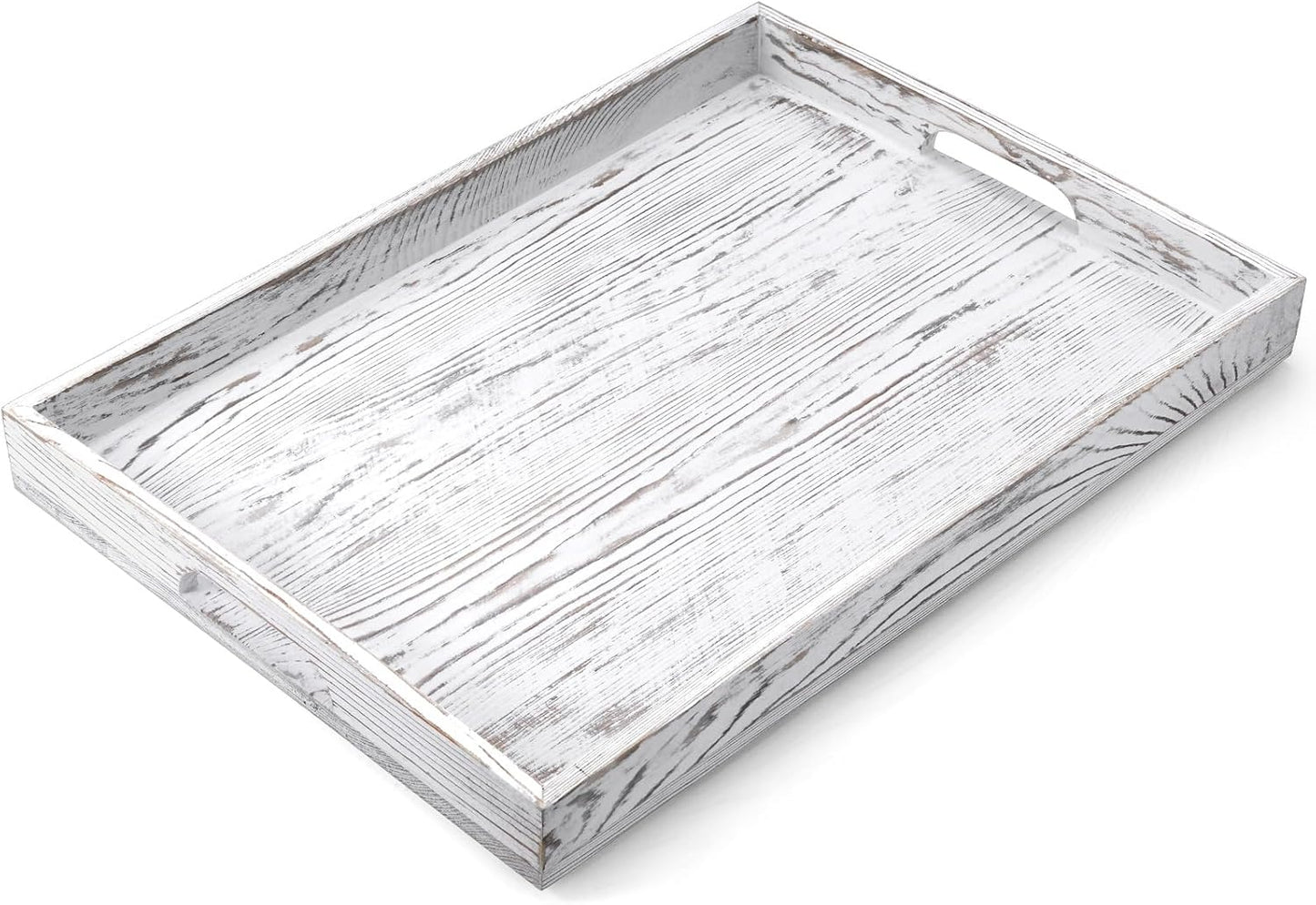 17 Inch White Serving Tray with Handles, Large Wooden Tray for Ottoman, Breakfast in Bed, Coffee Table, Dinner, Rectangular Wood Tray for Living Room Bedroom Entryway and Kitchen