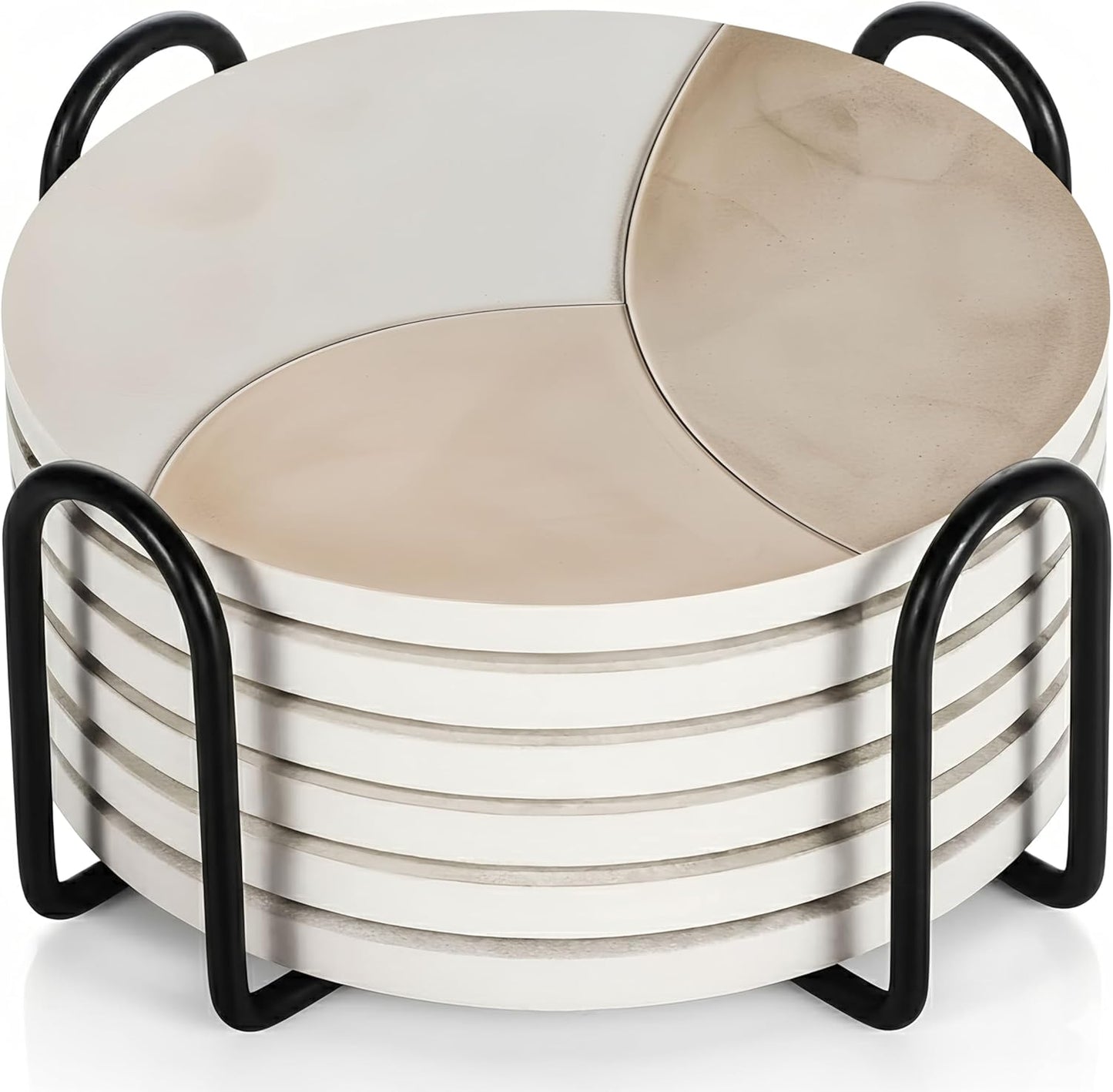 VEYRO Coasters Set of 6 for Drinks – Absorbent Ceramic Stone Drink Coasters with Cork Backing for Coffee Table & Desk, Modern Marble Look Cup Coaster Set, Housewarming Gift for New Home