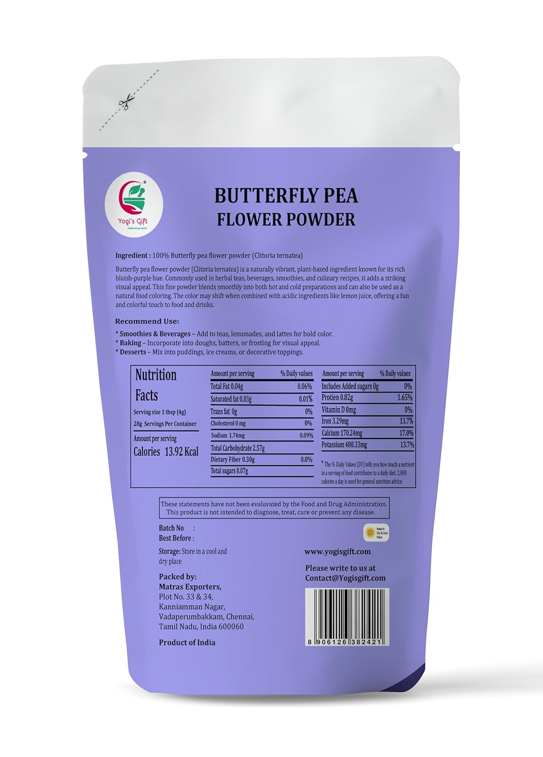 Butterfly Pea Flower Powder 4oz, 100% Pure & Natural Blue Matcha Powder, Premium Quality for Tea, Lattes, Smoothies & Natural Food Coloring - By Yogi’s Gift®