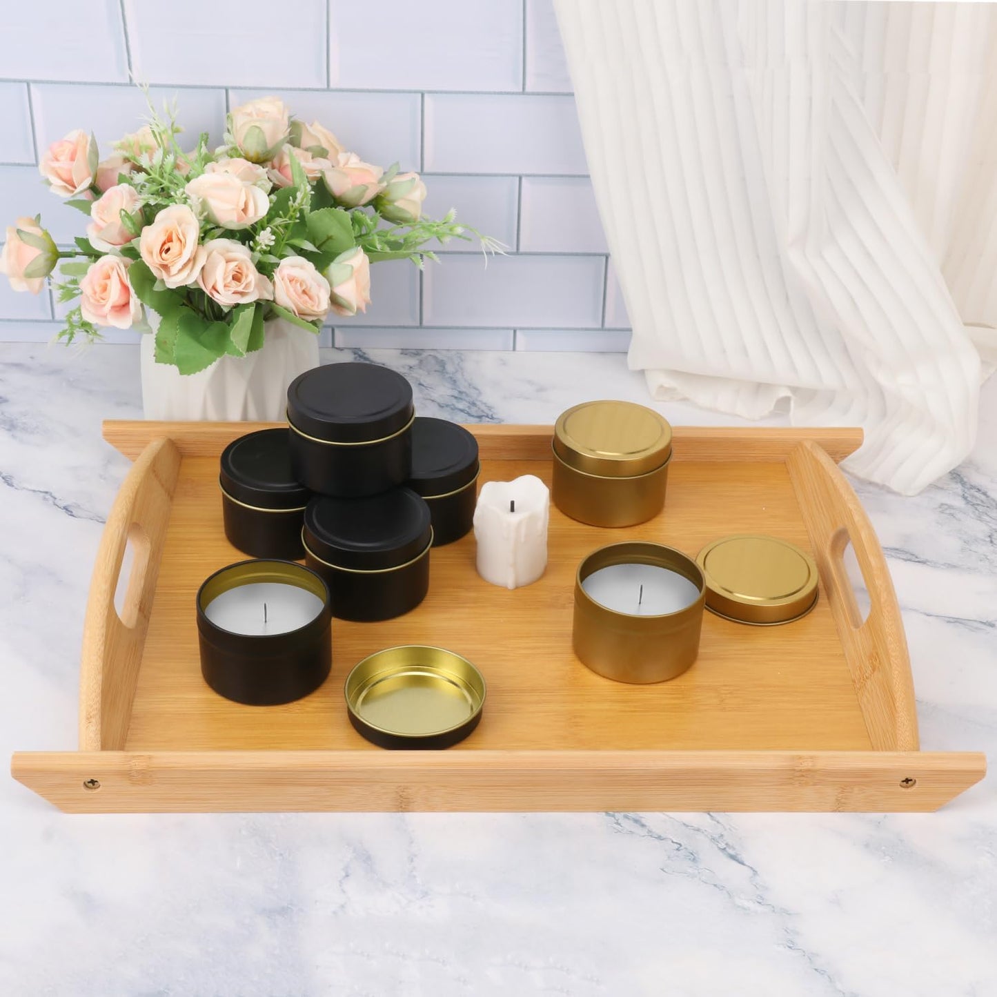 4 Pack 17.3 Inch Large Bamboo Serving Tray with Handle, Decorative Bamboo Breakfast Tray for Breakfast, Kitchen, Outdoor Picnic, Snack (17.3 x 12 x 1.2 Inch)