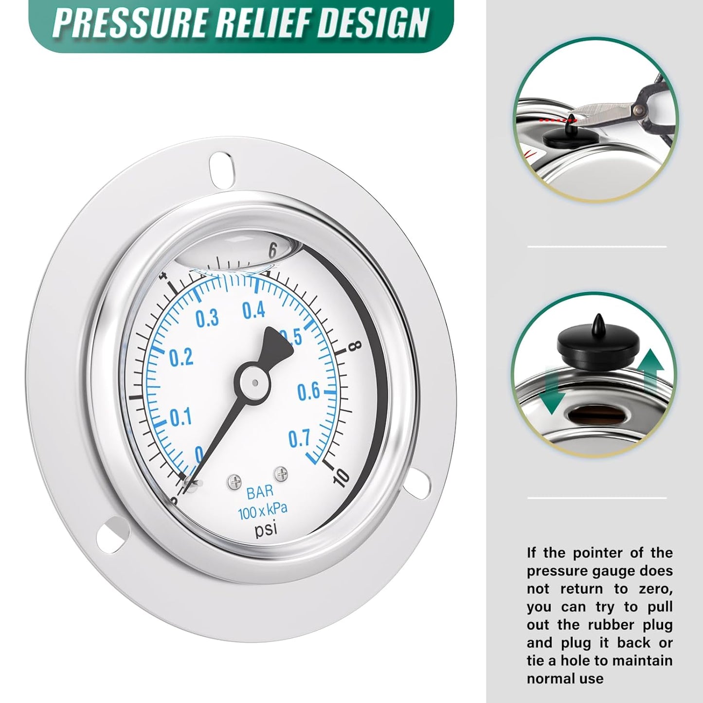 0-10PSI Panel Mount Front Flanged Glycerin Filled Pressure Gauge, 2.5" Dial Size, 1/4" MNPT Back Mount, Stainless Steel Case, with Phillips Screw and Nut, for Water, Gas, Liquid Pressure