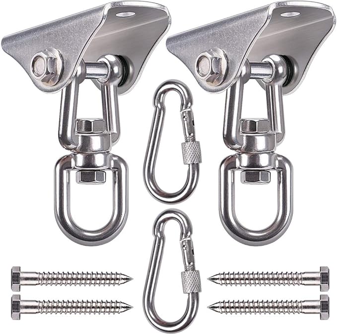 SELEWARE Swing Hangers Stainless Steel Swing Hooks Swivel Swing Mount Hardware w/Carabiners for Porch Swing Sets Hammock Chair Heavy Bag Yoga Silk Suspension Straps 1000 LB Capacity Each 2 Pack