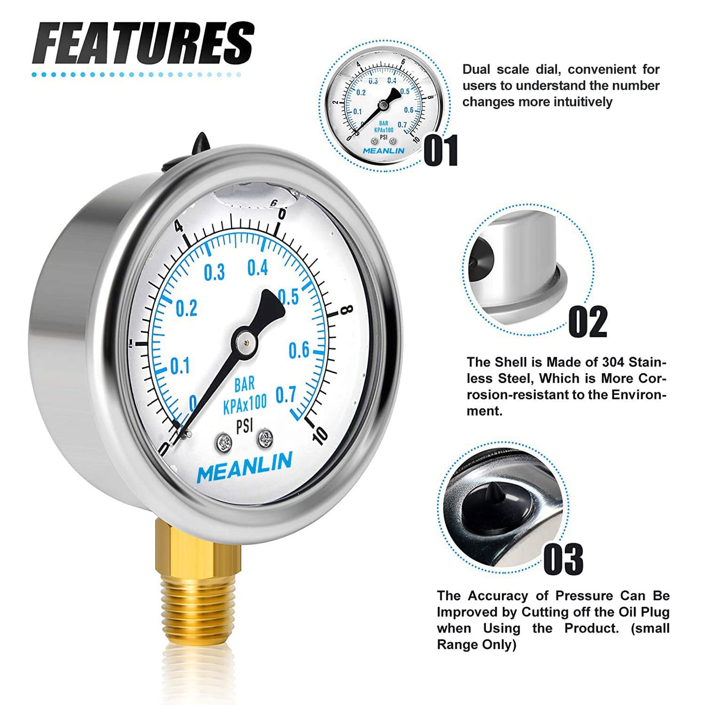 MEANLIN MEASURE 0~10Psi Stainless Steel 1/4" NPT 2.5" FACE DIAL Liquid Filled Pressure Gauge WOG Water Oil Air Lower Mount, with 1/2" NPT and 3/8" NPT Hex Bushing