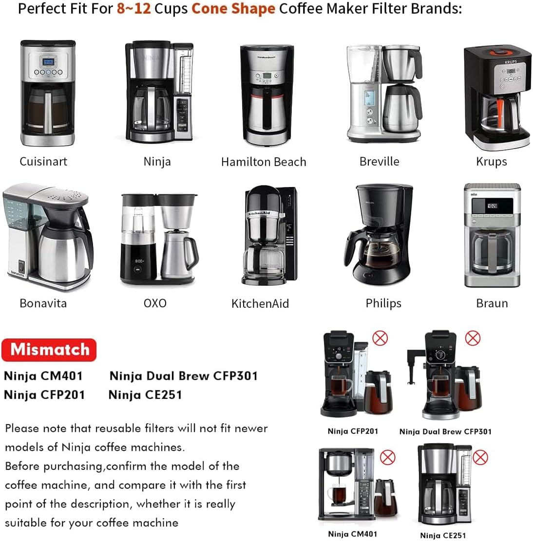 #4 Reusable Permanent Cone Coffee Filters Perfect Fit for Cuisinart Hamilton Beach Coffee Maker Filter, Replace Cuisinart GTF Gold Tone Coffee Filters, 8~12 Cup Size 4 Coffee Filters for Cuisinart