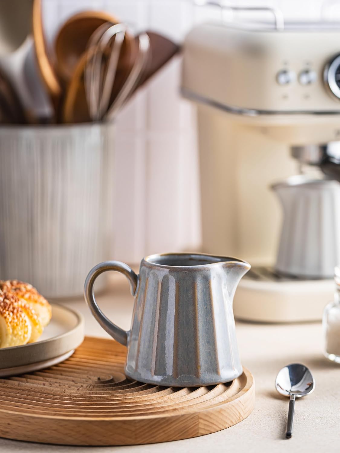 Ceramic Creamer Pitcher,Creamer Container with Handle, 10 OZ Small Milk Pitcher for Coffee, Sauces, Salad, Gray