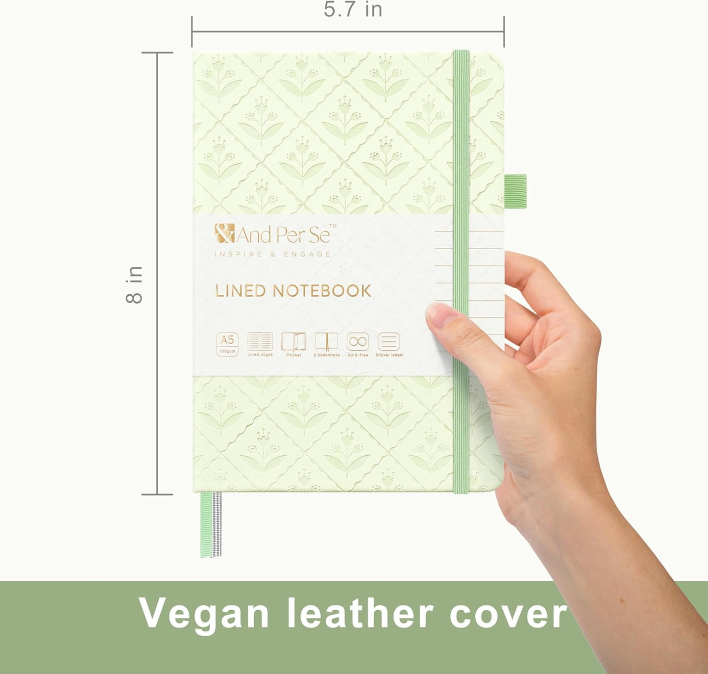 &And Per Se Lined Journal Notebook for Women&Men with Pattern, 160 Pages 100GSM Thick Paper, A5 Hardcover Journals for Writing(Light Green)