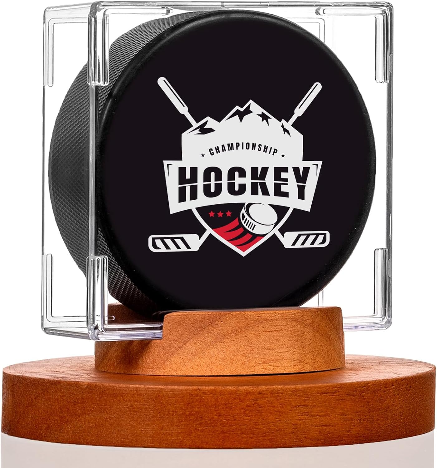 Hockey Puck Display Case - Acrylic Box, Hockey Puck Holder with Wooden Base, Hockey Pucks Storage Stand for Collection Memorabilia (1 Pack, Square)