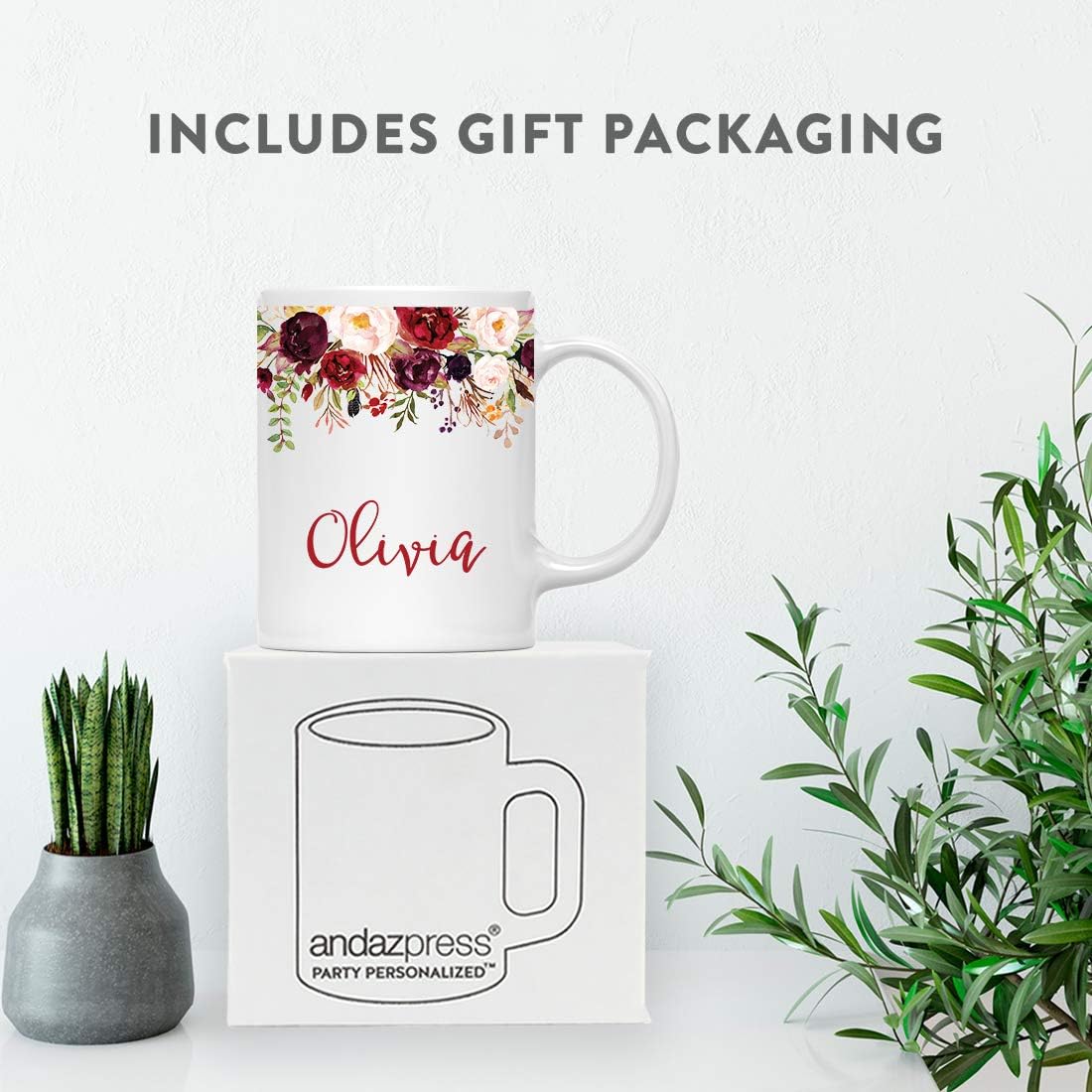 Andaz Press Personalized 11oz. Wedding Ceramic Coffee Tea Mug Bridesmaid Gift, Fall Autumn Marsala Burgundy Flowers Roses Florals, Olivia, 1-Pack, Includes Gift Box, Custom Name
