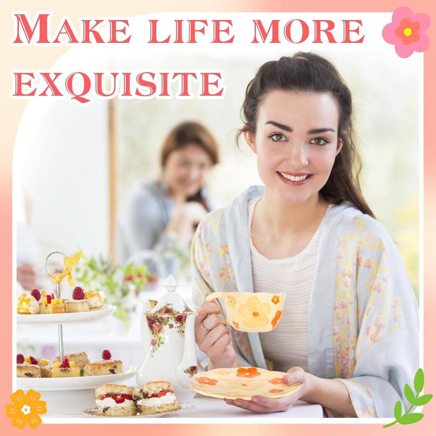 Cappuccino Cups with Saucers 8 oz Latte Art Cup Ceramics Coffee Mugs Irregular Aesthetic Flower Cups for Espresso, Double Shot, Americano, Latte, Tea - Microwave and Dishwasher Safe (Orange Flowers)