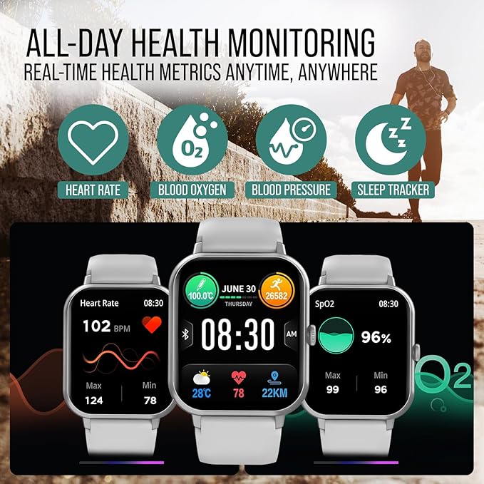 Smart Watch (Answer/Make Calls) 1.83" Fitness Tracker Heart Rate Blood Pressure Oxygen Sleep Monitor 200 Sport Modes Step Calories Trackers IP67 Waterproof Android iPhone Women Men (Silver)