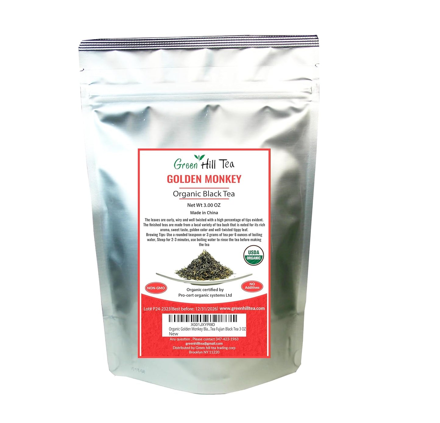 Greenhilltea,Organic Golden Monkey Black Tea Premium Loose leaf Tea Fujian Black Tea 3 oz
