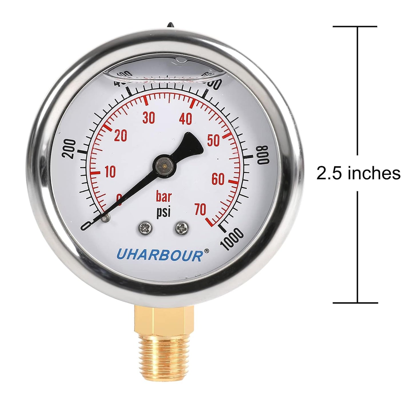 Glycerin Filled Pressure Gauge 1000psi/70bar, Stainless Steel case, Brass Inside Construction, 2-1/2" dial, 1/4" NPT Rear Connection.