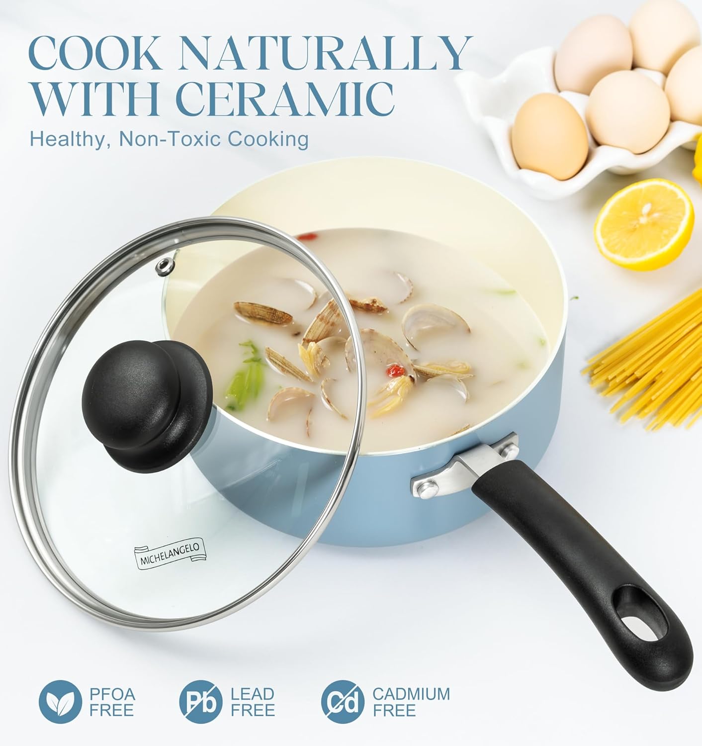 MICHELANGELO Nonstick Sauce Pan with Lid, Ceramic Saucepan Set, Non Toxic Small Saucepans Sets with Stay-Cool Handle, Induction Pots For Cooking, PTFE & PFOA Free - 1Qt & 2Qt & 3Qt, Blue