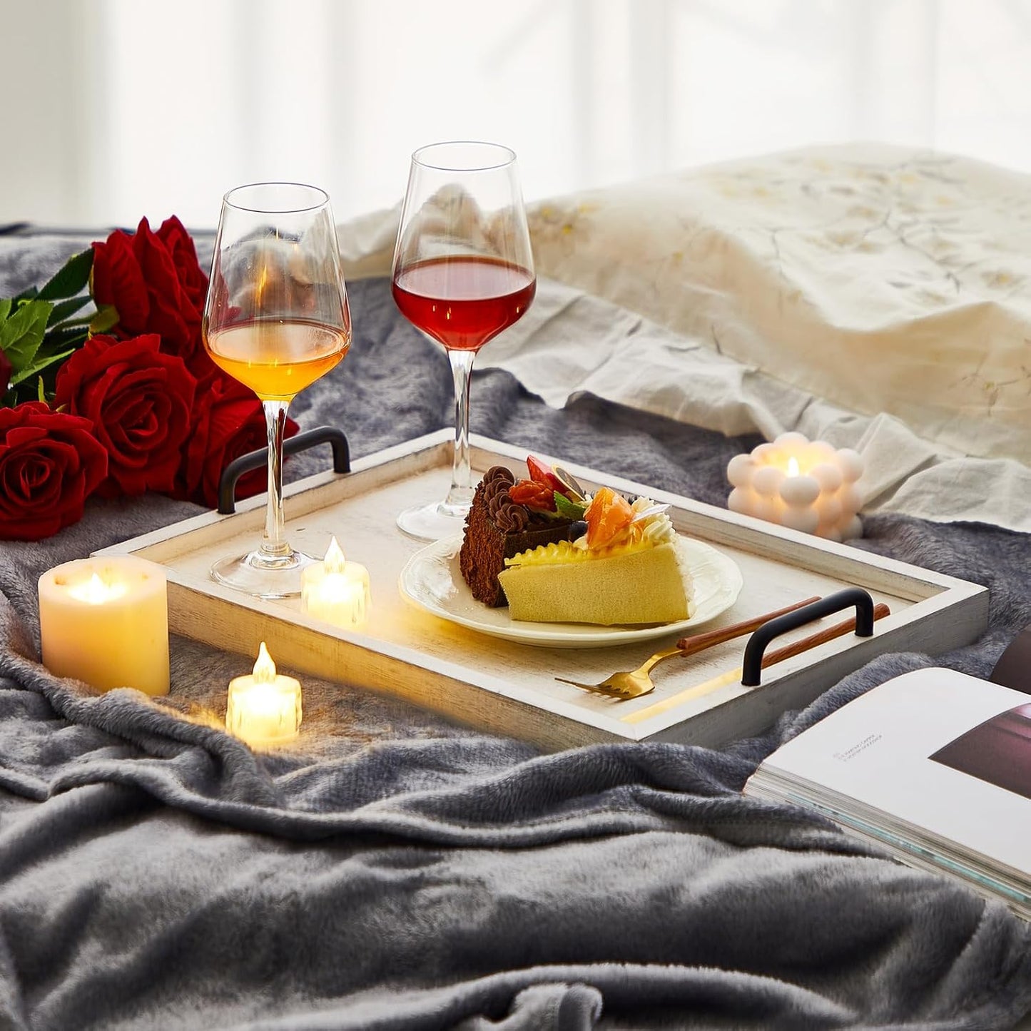 Lallisa 4 Pcs Large Wooden Serving Tray Decorative 15.8 x 11.8 x 1.2 Inch Ottomantray Rustic with Handles Coffee Table Decor Wood Tray Kitchen Platter for Party Tables Breakfast Wedding (White)