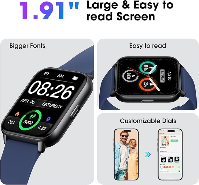 Smart Watch for Men Women, 1.91'' Big Font No App/Phone Required, Fitness Tracker with Pedometer, Bluetooth Call (Answer/Make Call), Heart Rate Blood Oxygen Monitor Step Counter, 100+ Sports Modes