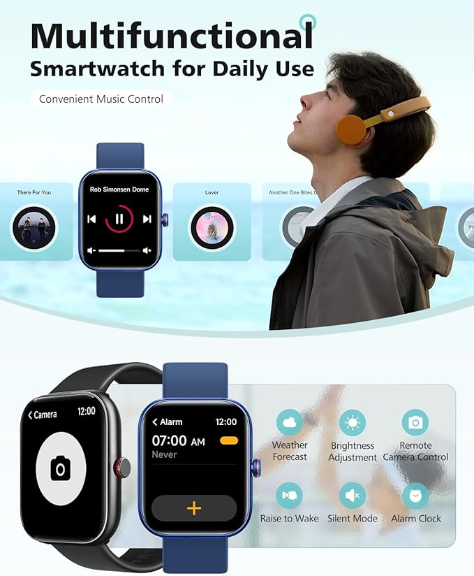 Smart Watch for Women and Men, Android & iPhone Compatible, Fitness Watch Bluetooth Call & Receive Text, Smartwatch with Alexa, Fits Wrists 6.5-9.2 Inches, Waterproof, Blue