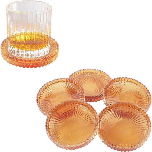 Glass Coaster 6 Pack Round Cup Coasters for Drinks,Crystal Coffee Coaster,Stylish Drink Coasters for Kitchen Bar Dining Room Living Room Office Decor and Jewelry Storage,Amber
