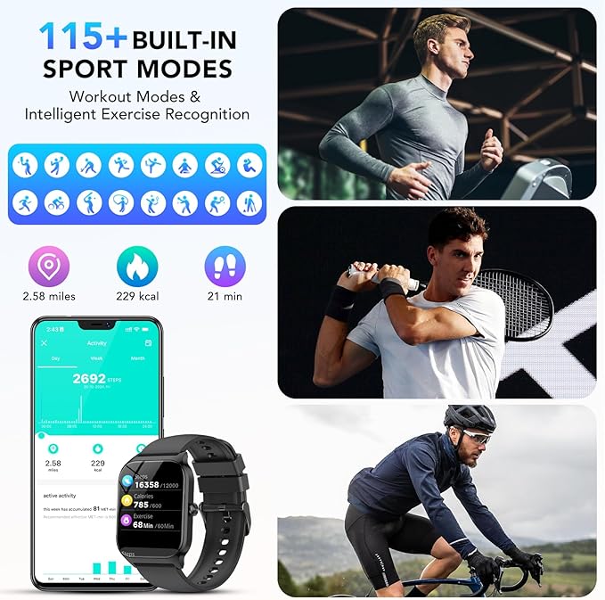 Smart Watch, 1.85" Smartwatch for Men Women(Answer/Make Call), 2025 Fitness Watch with 115+ Sports Modes/Heart Rate/SpO2/Pedometer/Sleep Monitor, IP68 Waterproof Activity Tracker for Android iOS