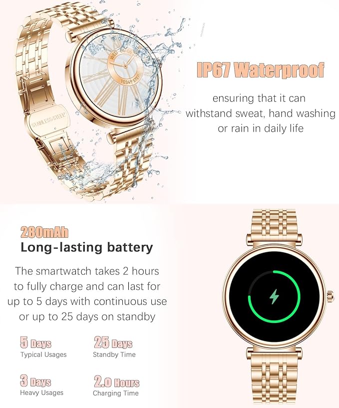 Smart Watch for Women 1.27" Color Screen Waterproof Fitness Activity Tracker Rose Gold Women's Smart Watch with Heart Rate Sleep Monitor for Android and iOS (Rose Gold Steel RT-i109)