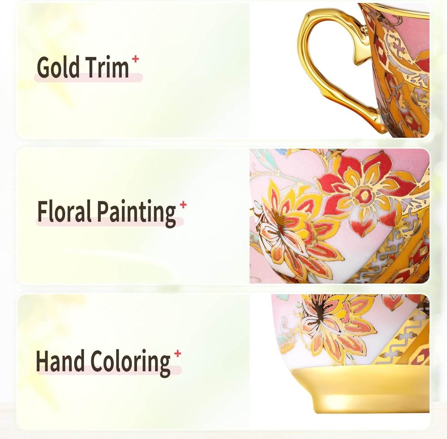 Tea Cups and Saucers Set of 8, 8 OZ Floral Tea Cup with Saucer, Vintage Tea Cups Porcelain Tea Set with Spoon for Latte, Mocha, Afternoon Tea Birthday Party Supply Thanksgiving Day Halloween gifts