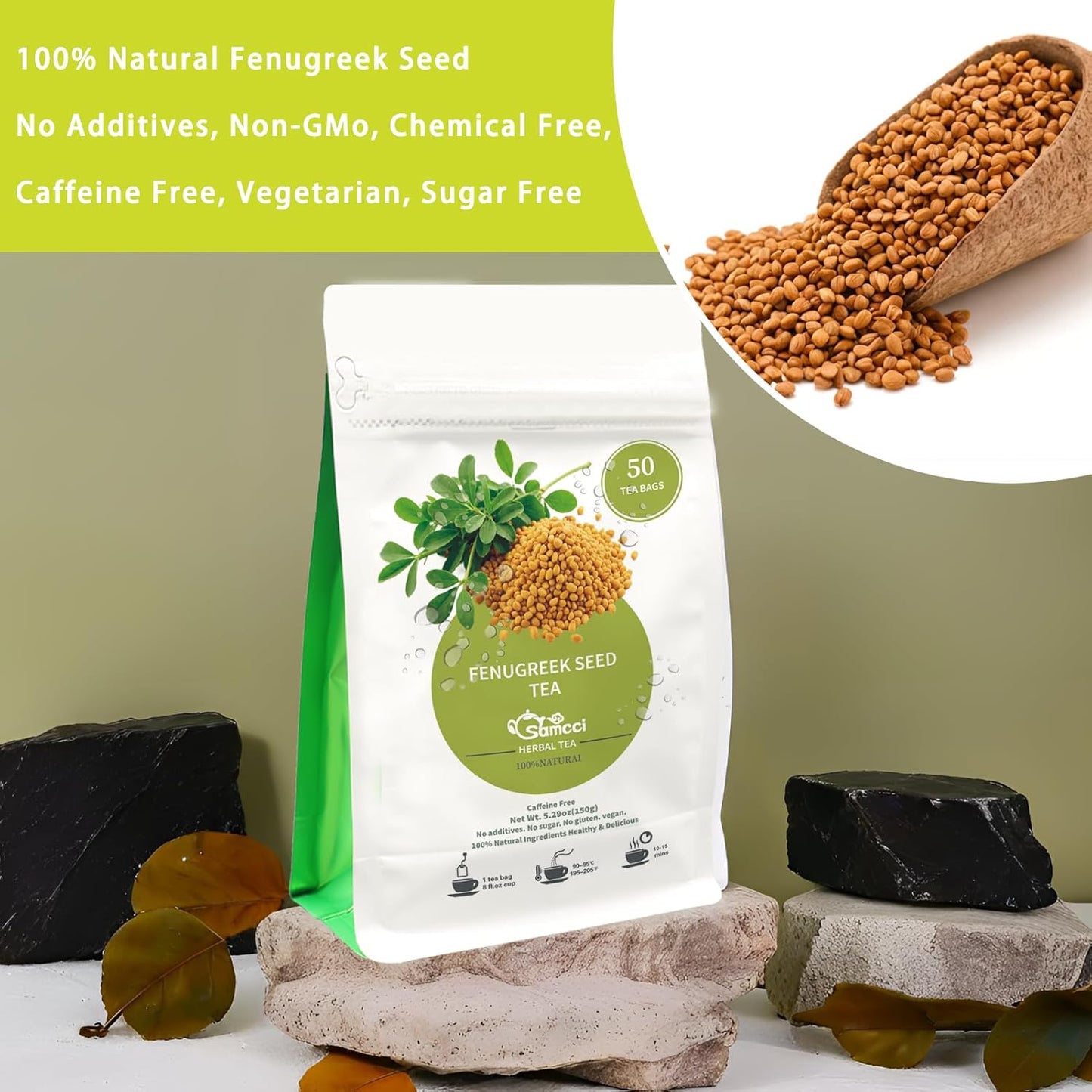 Samcci - Fenugreek Seed Tea Bags, 50 Teabags, 3g/bag - Natural Healthy Fenugreek Methi Seeds Herbal Tea - Non-GMO - Caffeine-free - Support Digestion & Improve Heart Health